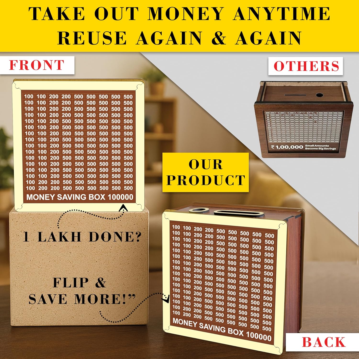 Easy marts Money Saving Box for Kids and Adults | Wooden Money Bank with Lock | 1 Lakh Saving Box with Numbers