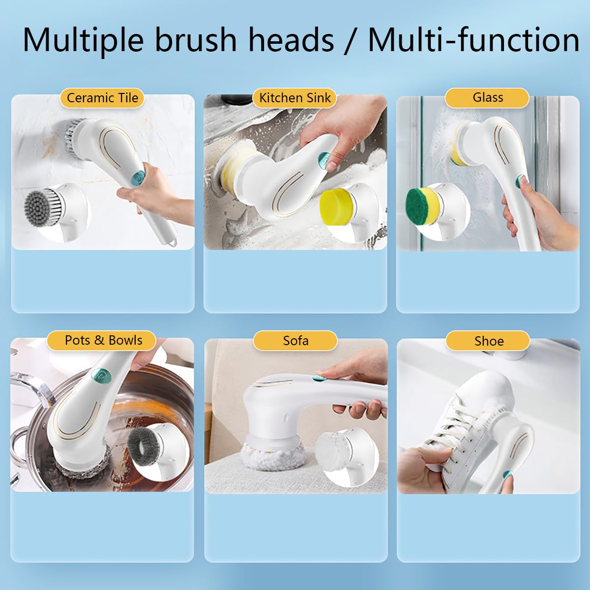 Electric Scrubber, Handheld Cleaning Brush, Includes 5 Replaceable Heads, Bathroom, Kitchen, Glass - Multifunctional Home Accessory