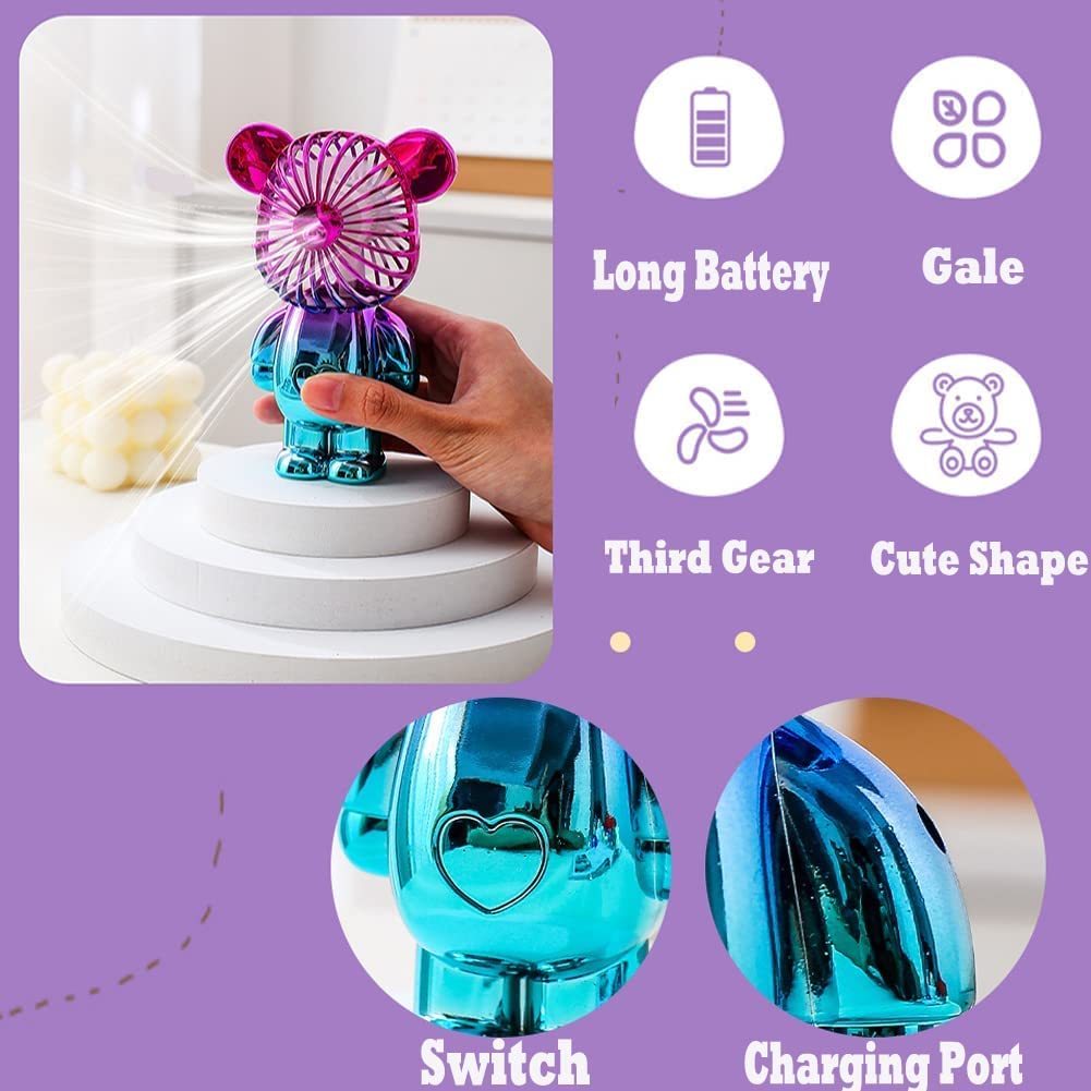 Happy Hues ® USB Desk Fan,Portable Colorful Bear Design Fan, Rechargeable Battery Powered Fan, 3 Adjustable Air Speeds, Small Personal Fan- Random Colour