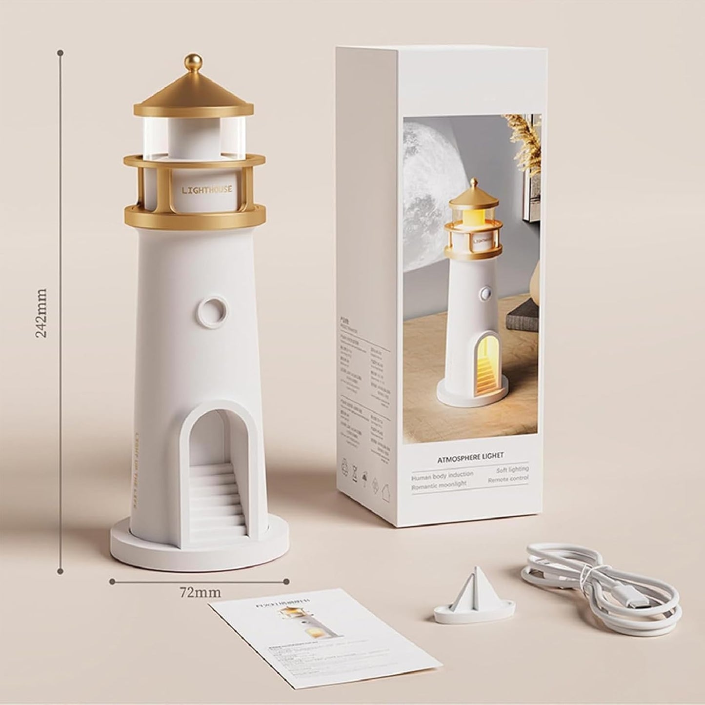 Lighthouse Decoration, Light House with LED Light Moon Projection Lighthouse Lamp Beacon with Remote Control and Bluetooth Function