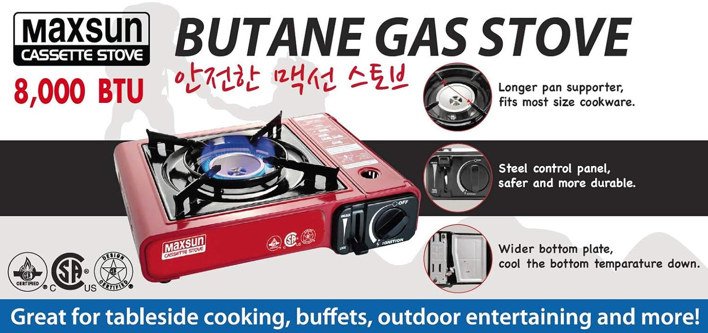 Max Gas Stove MS-2500, Up to 8000 BTU, Camp Stove, with Carrying Case (Red)