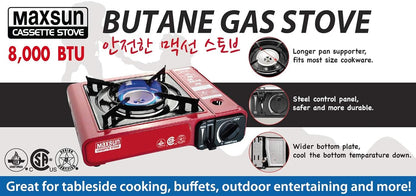 Max Gas Stove MS-2500, Up to 8000 BTU, Camp Stove, with Carrying Case (Red)