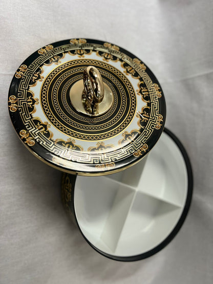 Elegant Black & Gold Round Decorative Box with Ornate Detailing