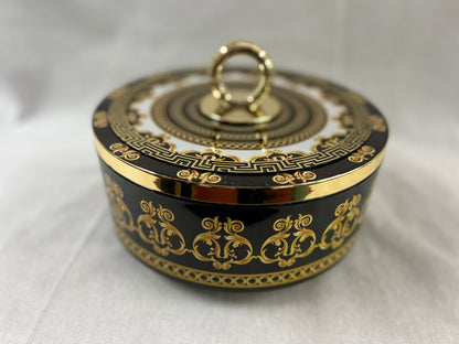 Elegant Black & Gold Round Decorative Box with Ornate Detailing