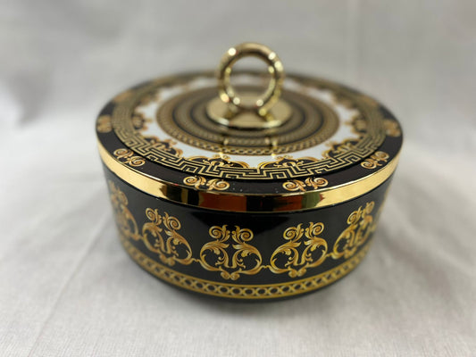 Elegant Black & Gold Round Decorative Box with Ornate Detailing