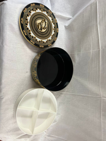 Elegant Black & Gold Round Decorative Box with Ornate Detailing